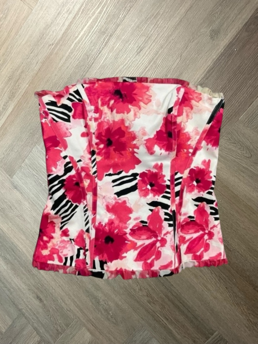 White House Black Market Floral Ruffle Zebra Corset Top Womens 4 Pink White